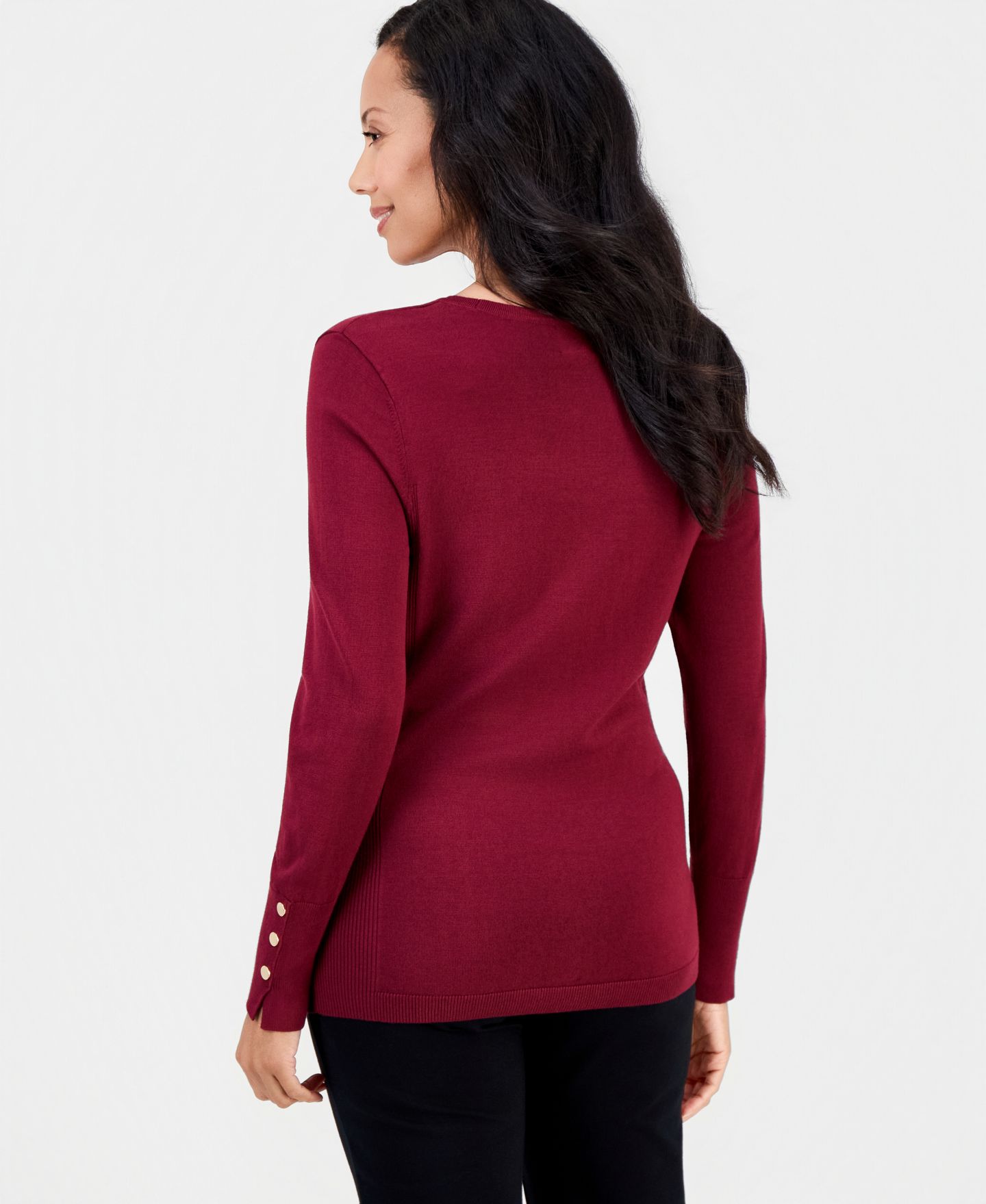 Женский свитер JM Collection Petite Button-Sleeve Crewneck, цвет: Вишнёвый — фото 3