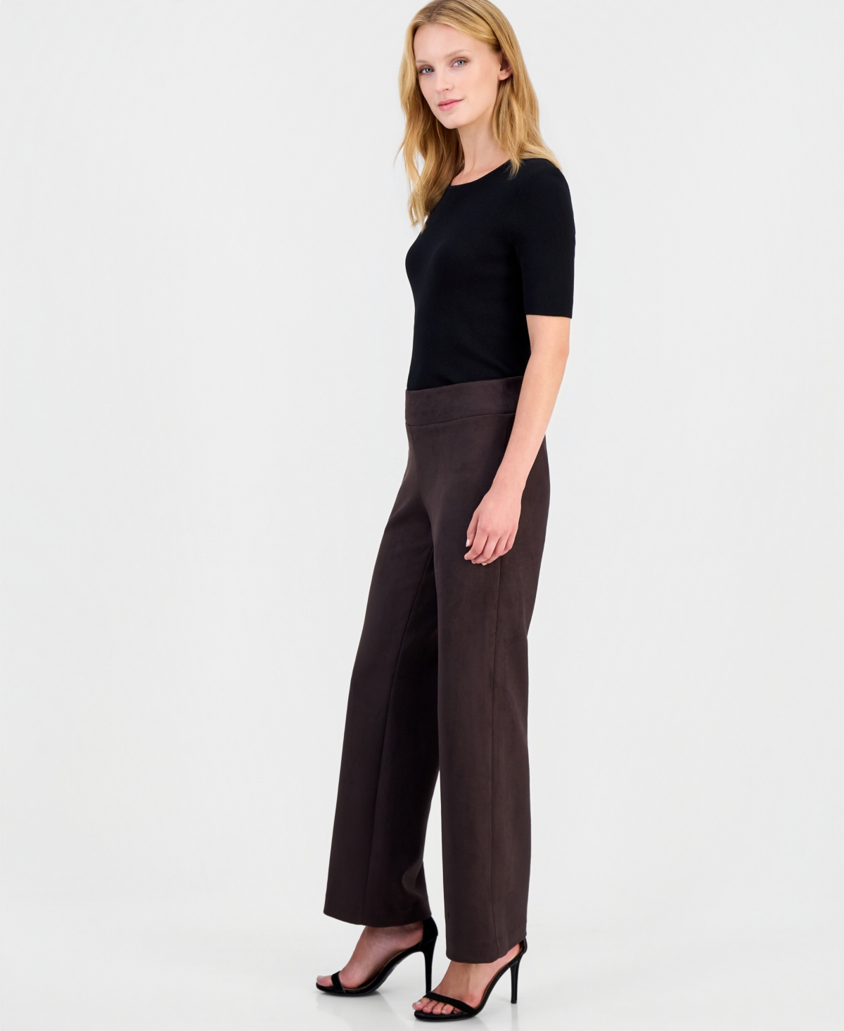 Anne Klein Petite Scuba Suede Pull-On Wide-Leg Pants