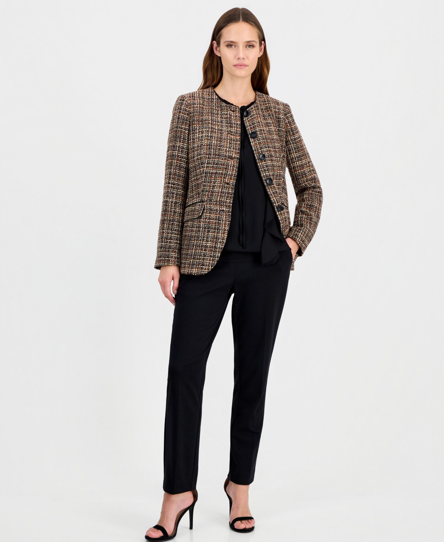 Women's Collarless Plaid Blazer