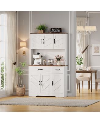 71 Inch Tall Farmhouse Kitchen Pantry Hutch with Charging Station, Microwave Surface and Two Drawers, Spacious Storage for Kitchen