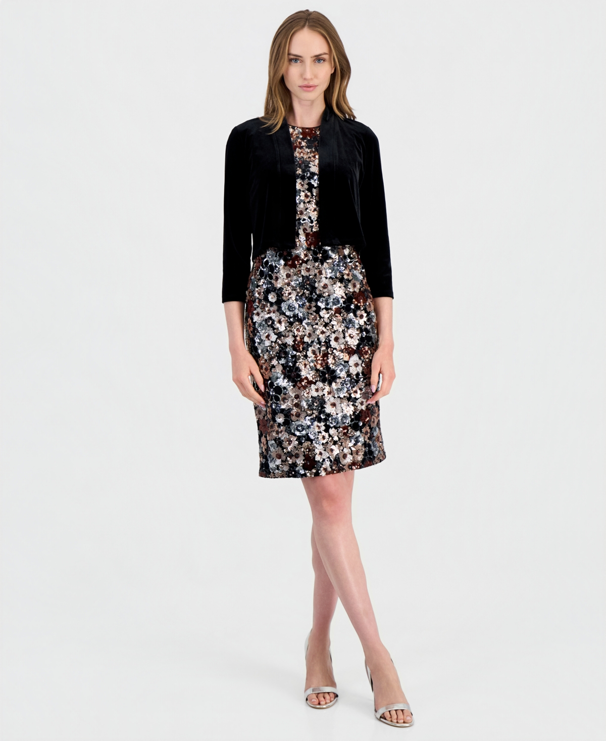 Anne Klein Petite Open Front Velvet 3/4-Sleeve Bolero