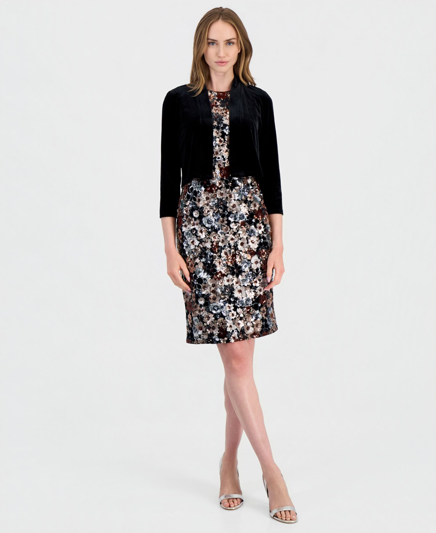 Petite Open Front Velvet 3/4-Sleeve Bolero