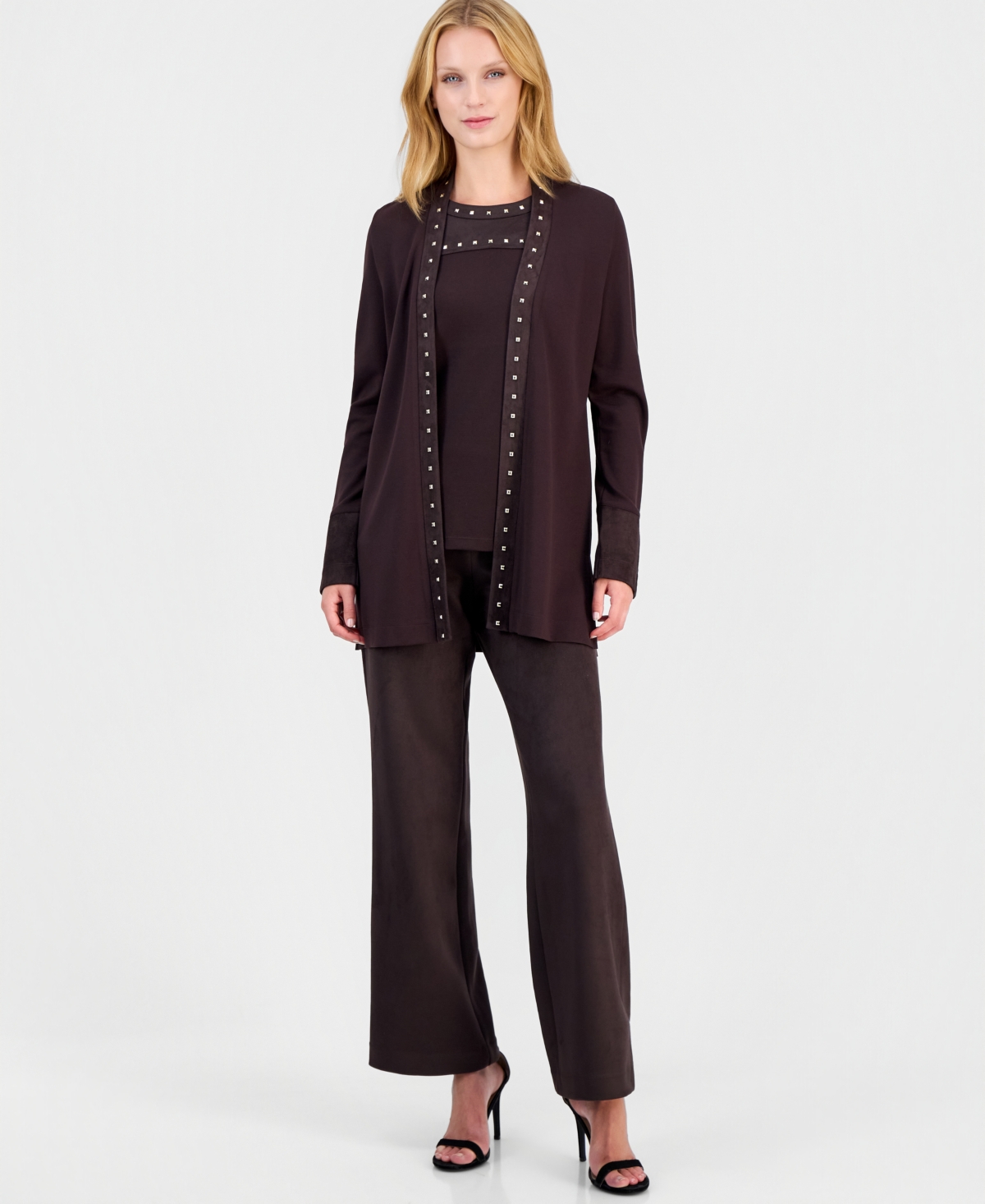 Anne Klein Petite Embellished Long-Sleeve Open-Front Cardigan