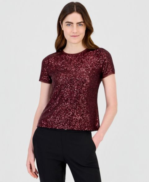 Женский свитшот Anne Klein с круглым вырезом, пайетками и коротким рукавом, цвет: Barolo
