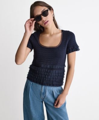 Women's Pointelle Ruffle Short-Sleeve Sweater