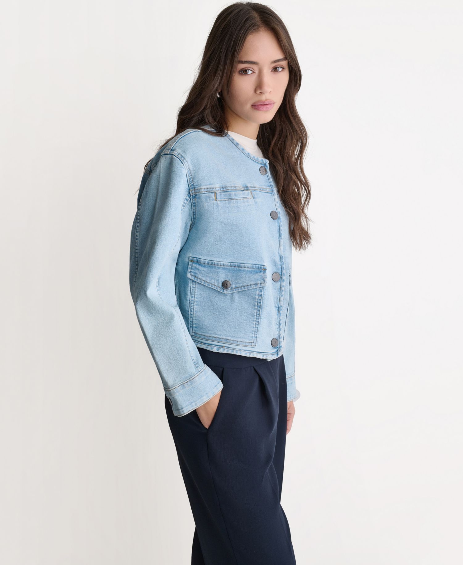 Women's Boxy Crewneck Button-Front Denim Jacket