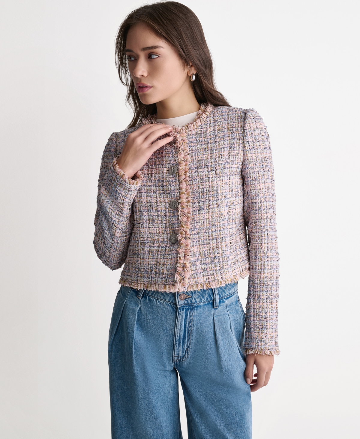 Bcbg Women's Crewneck Fringe Detail Tweed Jacket