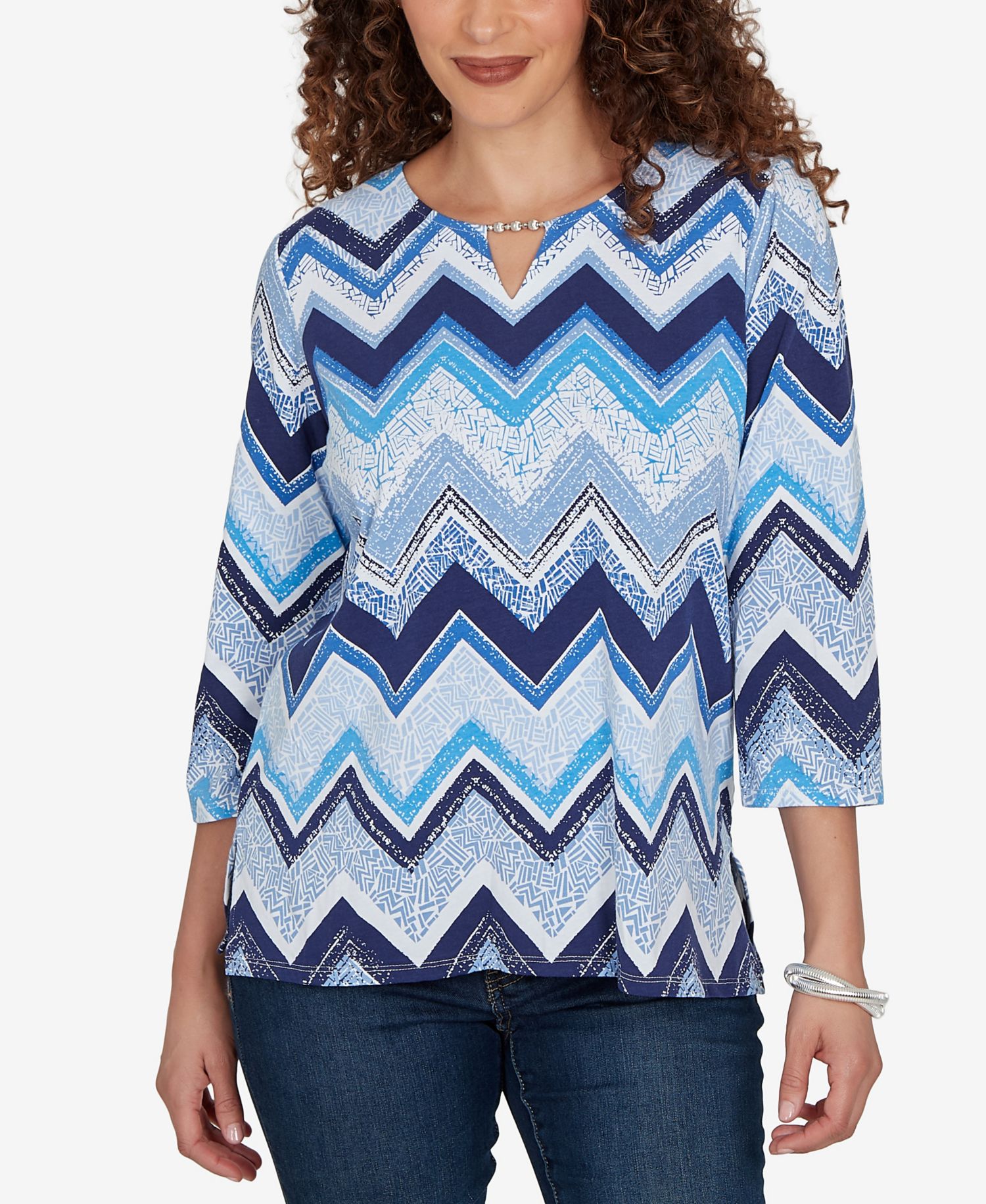 Petite Chevron Blues Split Neck Top