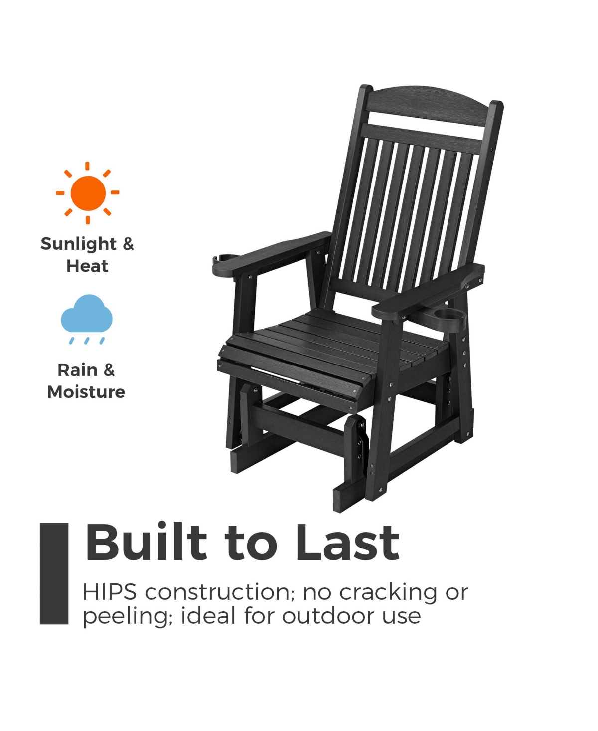 Maga Casa Poly Lumber All-Weather Outdoor Glider Chair, Heavy-Duty Single Patio Rocker with Removable Cup Holders