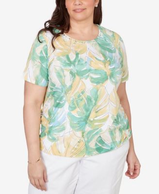 Plus Size  Tropical Leaf Beaded Neck Ruched T-Shirt