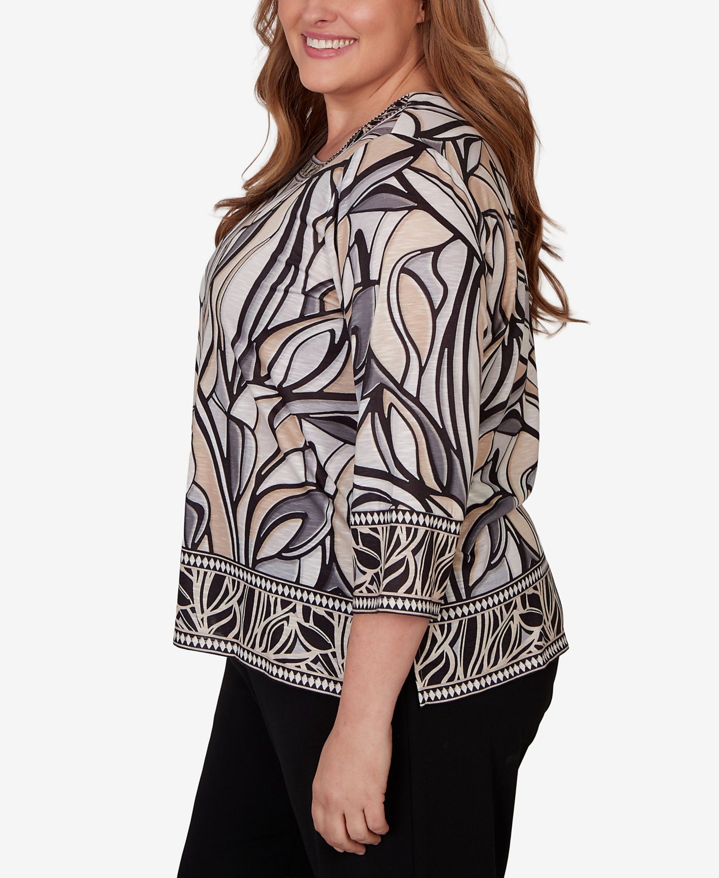 Женский топ Alfred Dunner Plus Size Stained Glass Border Trim, цвет: Рыжевато-коричневый / Чёрный — фото 3