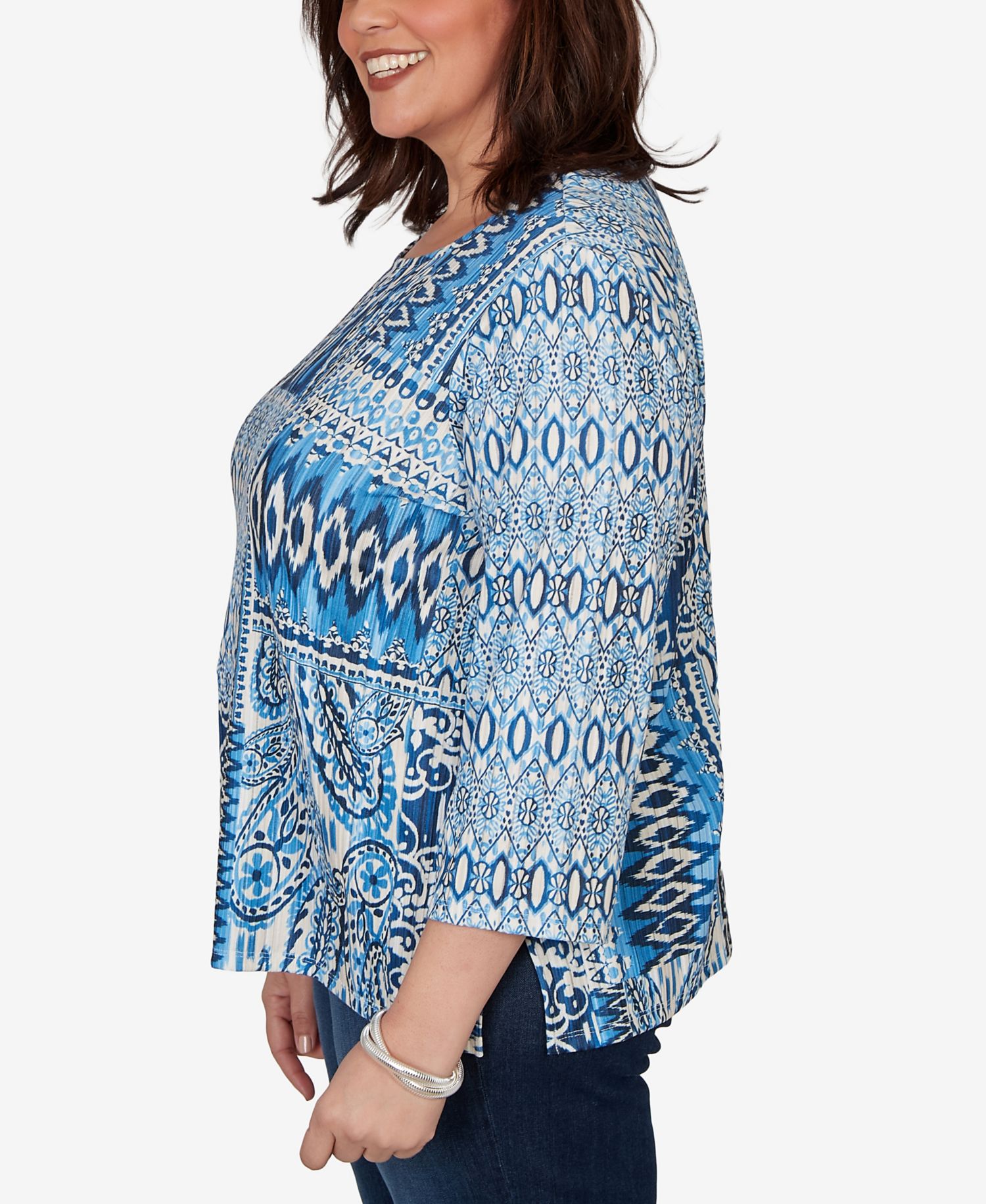 Plus Size Medallion Navy Patchwork Knit Top