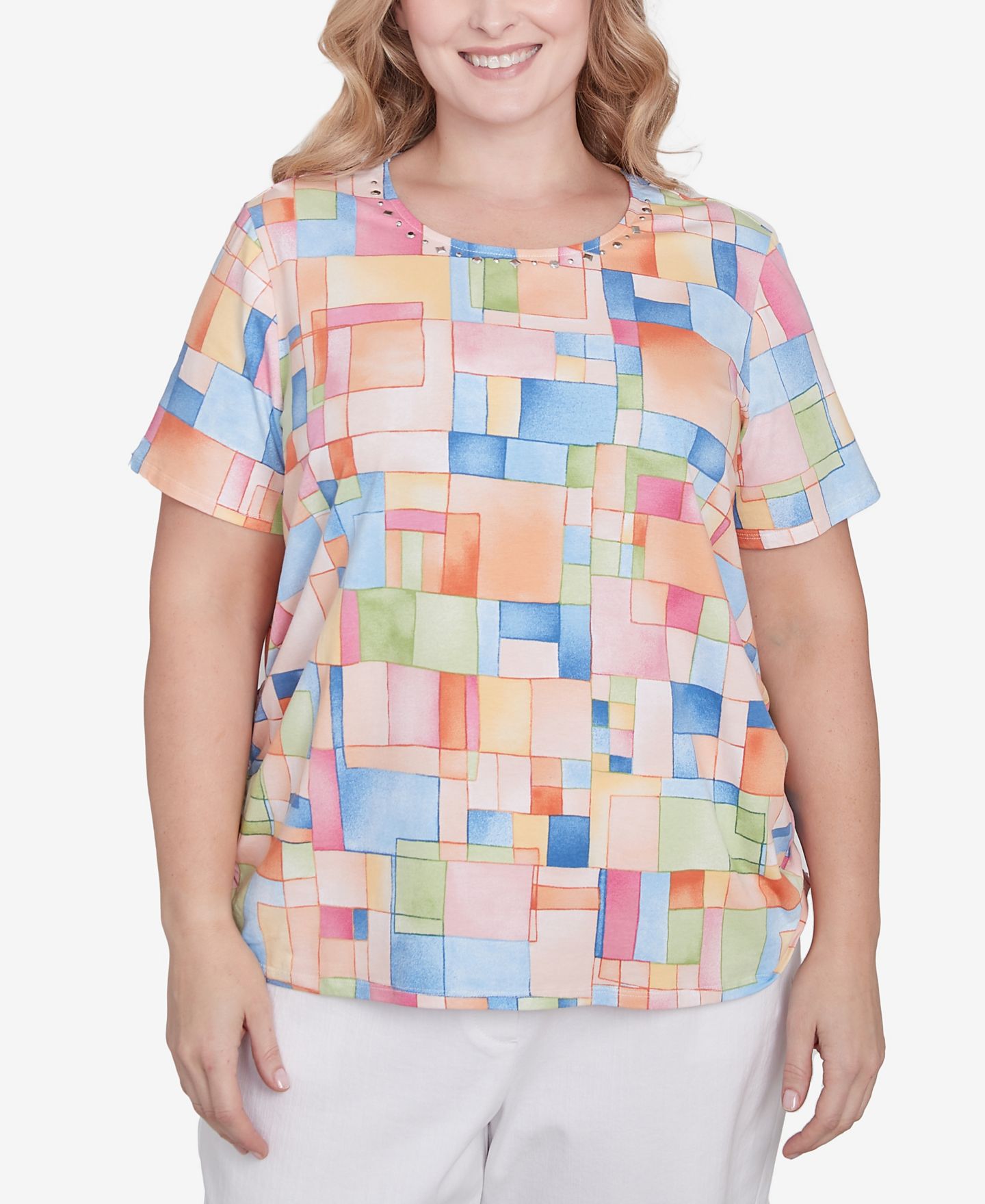 Женский топ Alfred Dunner Plus Size Color Block Tile with Side Ruching, цвет: Пастельный — фото 3