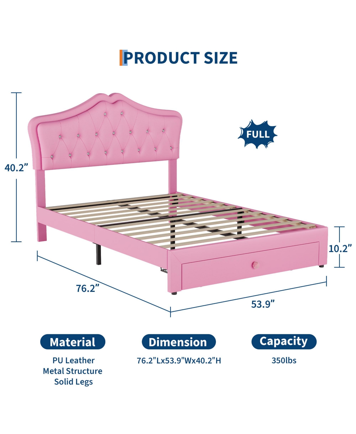 homfan Led Headboard Platform Bed, Tufted Bed Frame with Storage Drawer for Kids Room and Teens Room