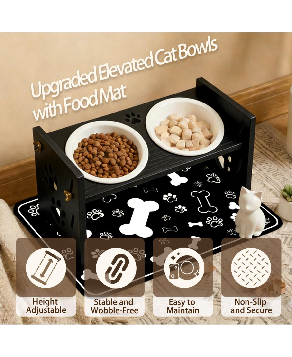 Aronkl Elevated Pet Feeding Stand Adjustable Height Angle Ceramic Bowls with Anti Splash Mat