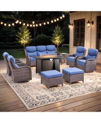 9 Pieces Patio Furniture Set, Outdoor Wicker Sofa Couch with Rocking Swivel Chairs Fire Pit Table, Modern Deep Seat Rattan Conversation Sets