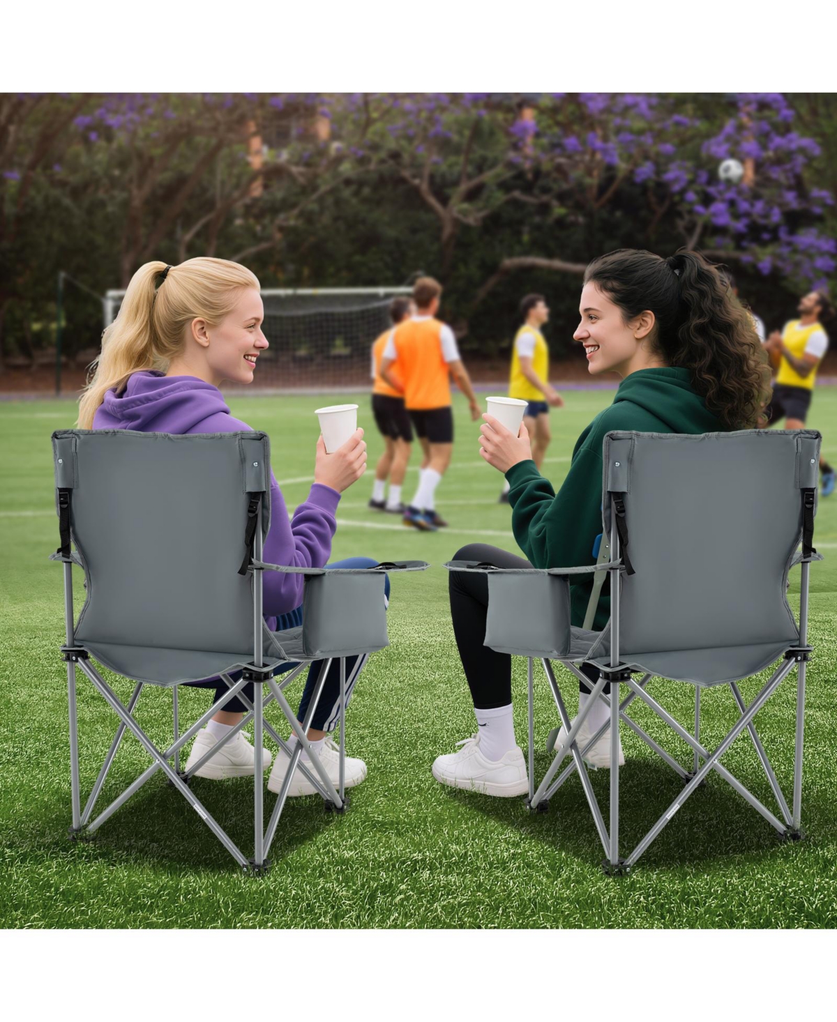 Gymax 2PCS Oversized Camping Chairs Heavy Duty Outdoor Folding Chair with Cooler Pouch