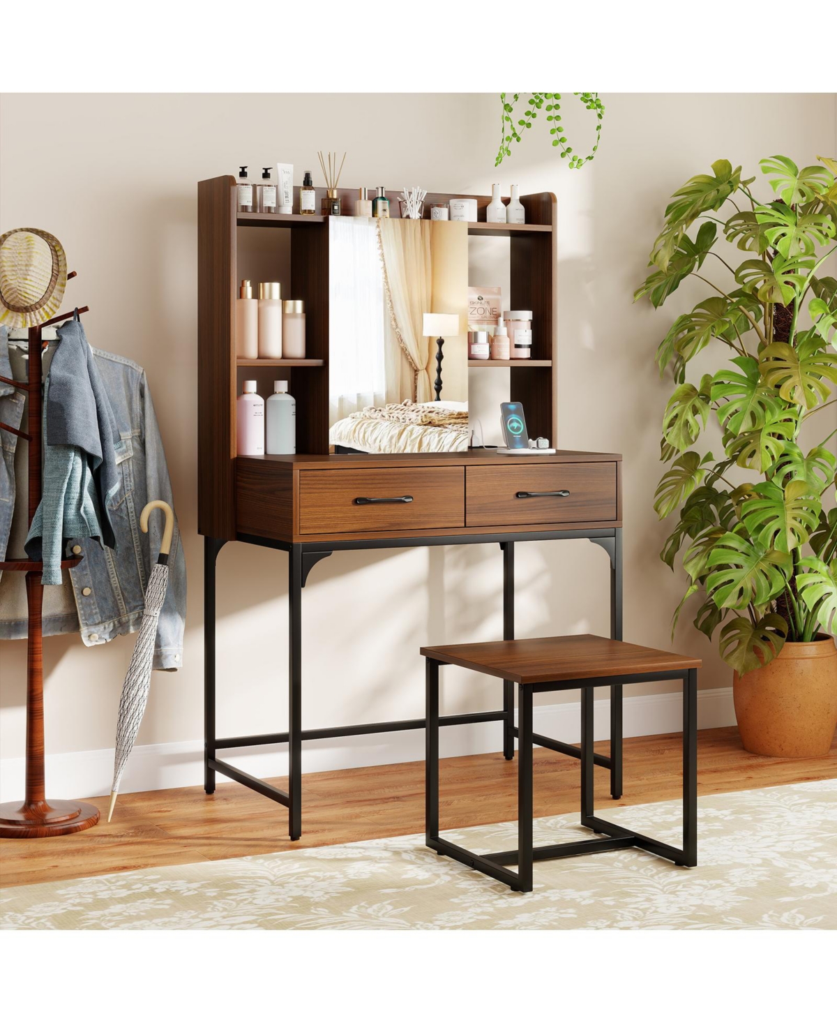 Volenca Vanity Desk with Storage Drawers, Charging Station, and Stool
