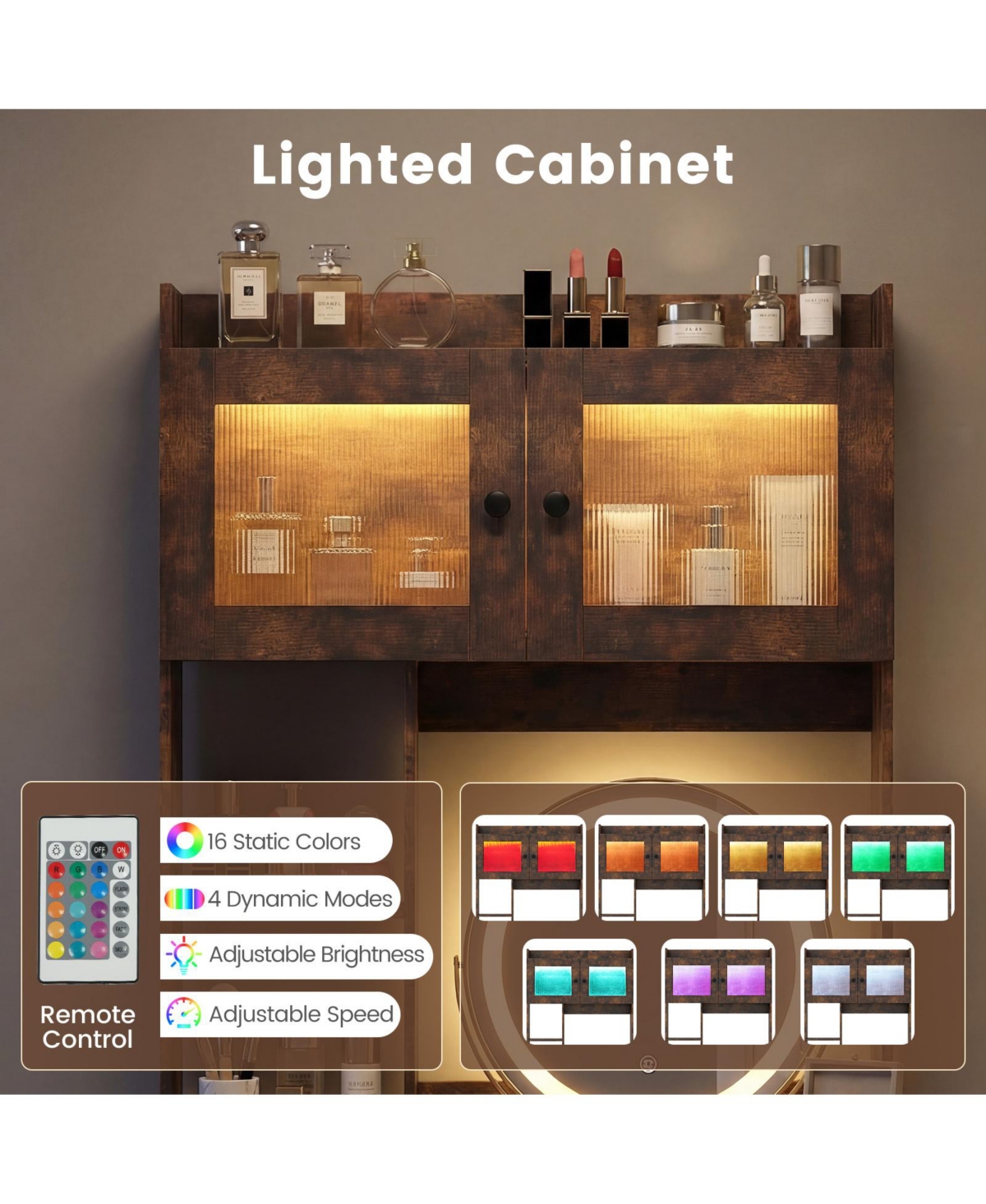 Volenca Vanity Desk with Rotatable Mirror, 3-Color Lights, and Charging Station