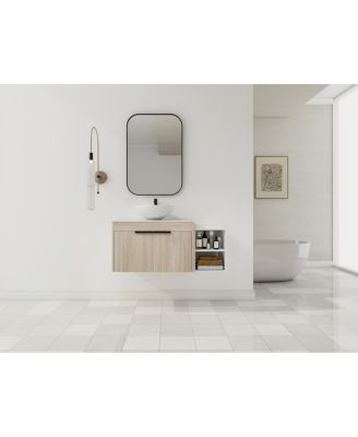 Wall Mounted Bathroom Vanity with Ceramic Vessel Sink, Side Storage Shelf, Soft Close Doors, Modern Floating Cabinet