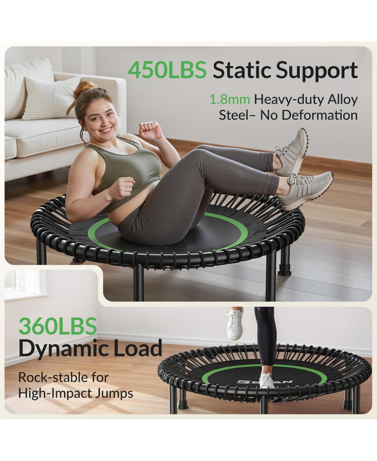 Bcan 450/550LBS Foldable Mini Trampoline for Adults, 40/48 inches Fitness Rebounder with Bungees
