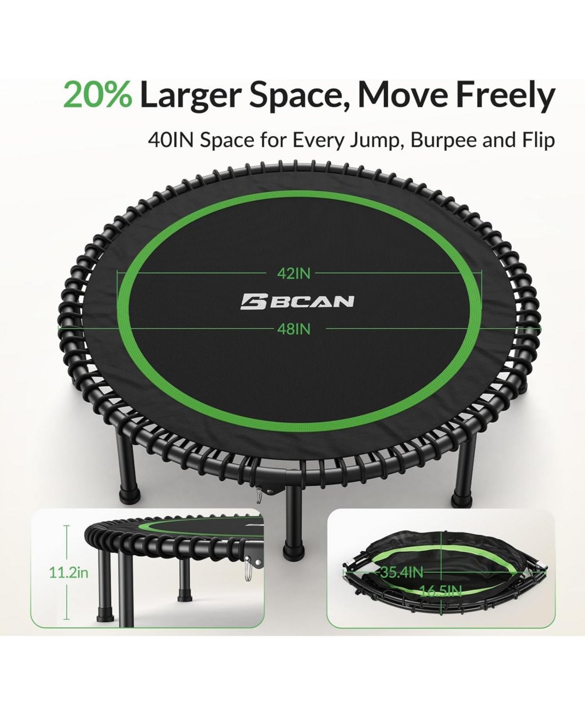 Bcan 450/550LBS Foldable Mini Trampoline for Adults, 40/48 inches Fitness Rebounder with Bungees