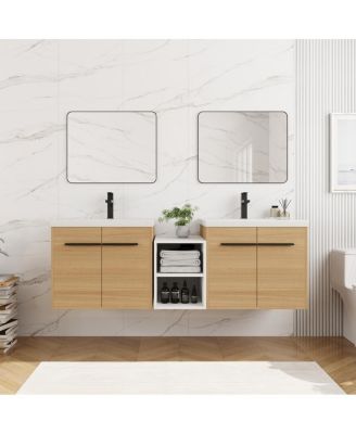 59 Inch Wall Mounted Double Bathroom Vanity with Dual Resin Sinks and Open Storage Shelves for Modern Master Bath