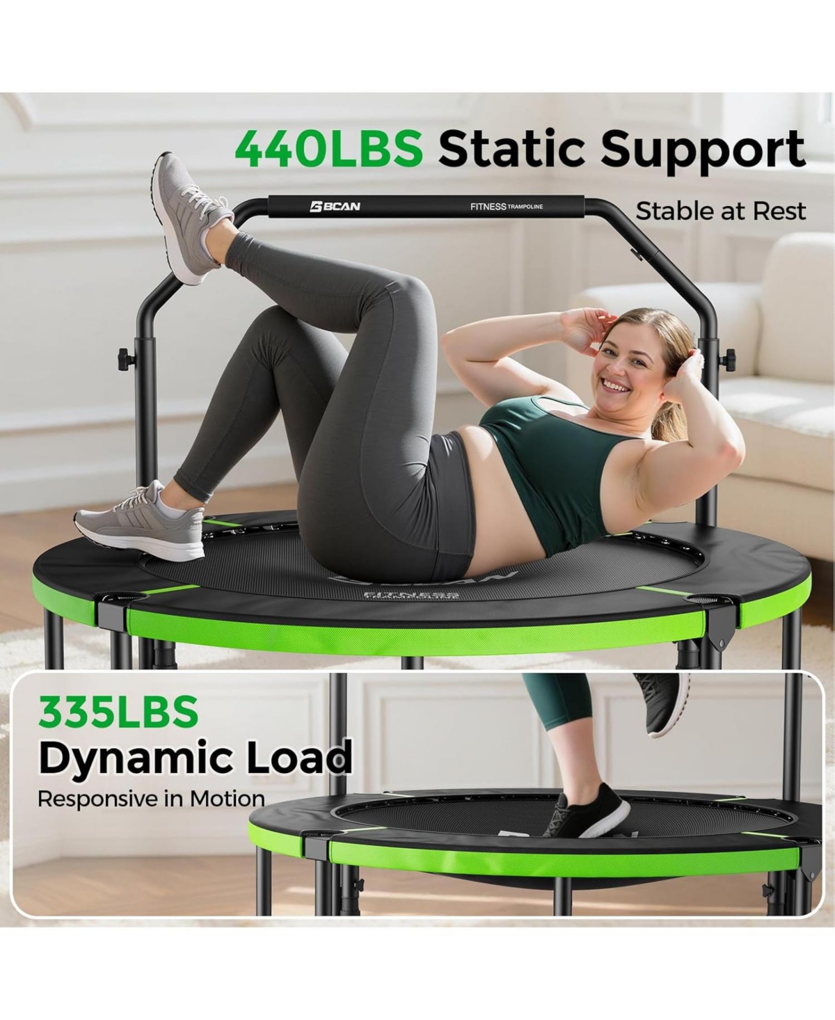 Bcan SP3 Foldable Mini Trampoline with U Shape Adjustable Foam Handle 48 Inch Adult Rebounder Trampoline Home Fitness Workout Max Load 440LBS