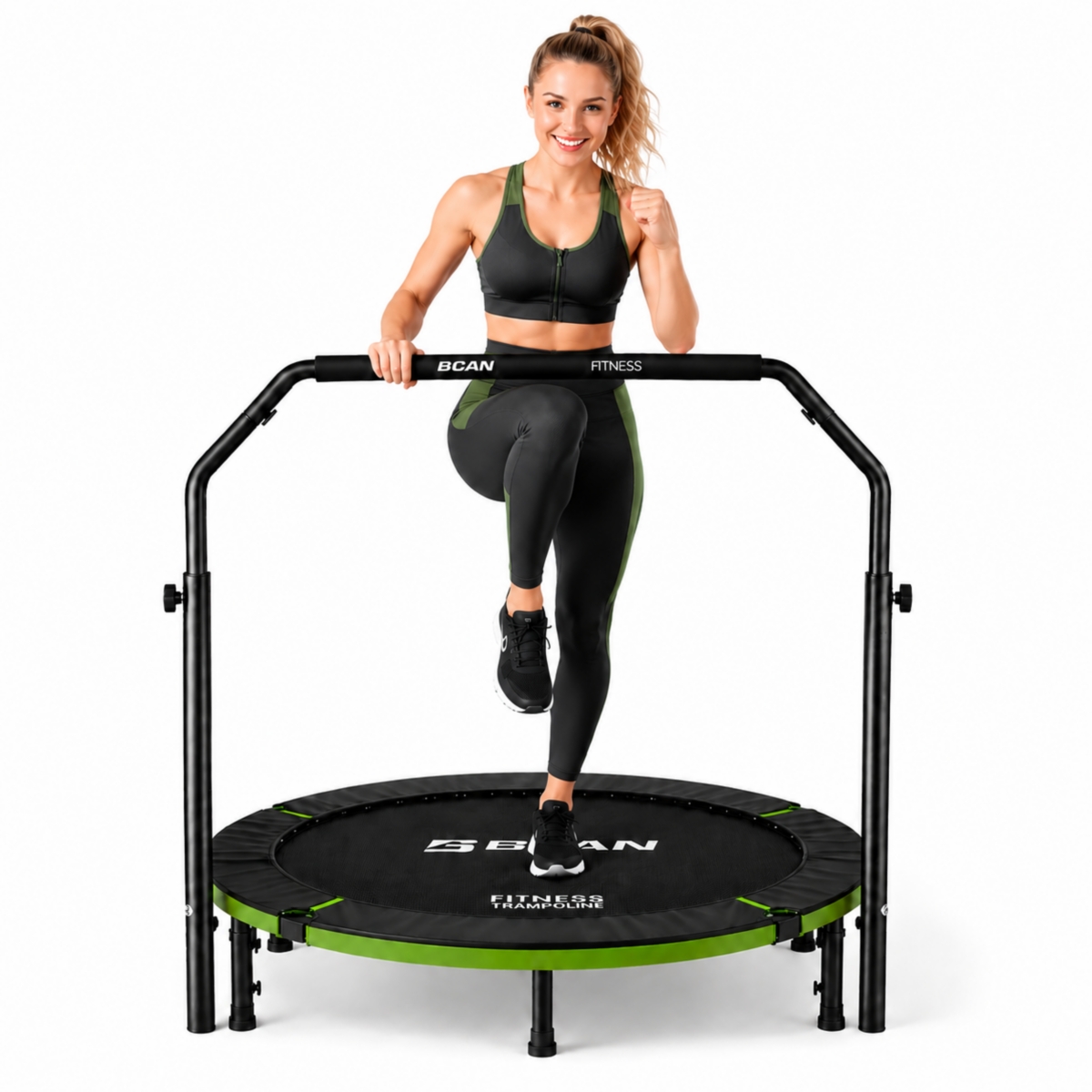 Bcan SP3 Foldable Mini Trampoline with U Shape Adjustable Foam Handle 48 Inch Adult Rebounder Home Fitness Workout Max Load 440LBS