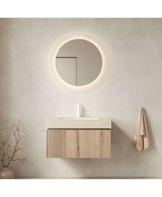 30" Floating Plywood Vanity Set With Sink, Travertine Sintered Stone Top, 1-Hole Faucet