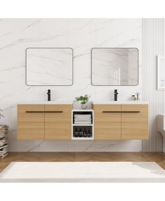 71 Inch Wall Mounted Double Bathroom Vanity with Dual Resin Sinks and Open Storage Shelves for Modern Master Bath