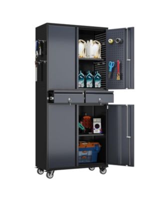 Metal Garage Storage Cabinet with Wheels and Lock, Rolling Tool Organizer with Drawers and Pegboard