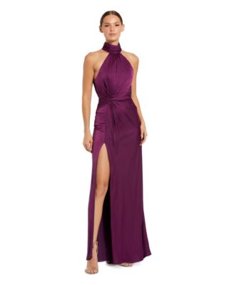 Petite Open Back High Neck Side Ruched Gown