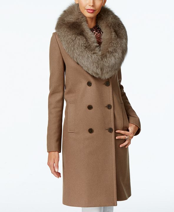 Elie Tahari Fox-Fur-Trim Double-Breasted Walker Coat & Reviews - Coats ...