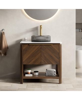 Modern Bathroom Vanity with Vessel Sink, Sintered Stone Countertop, Soft Close Solid Wood 3D Doors, Open Shelf Storage