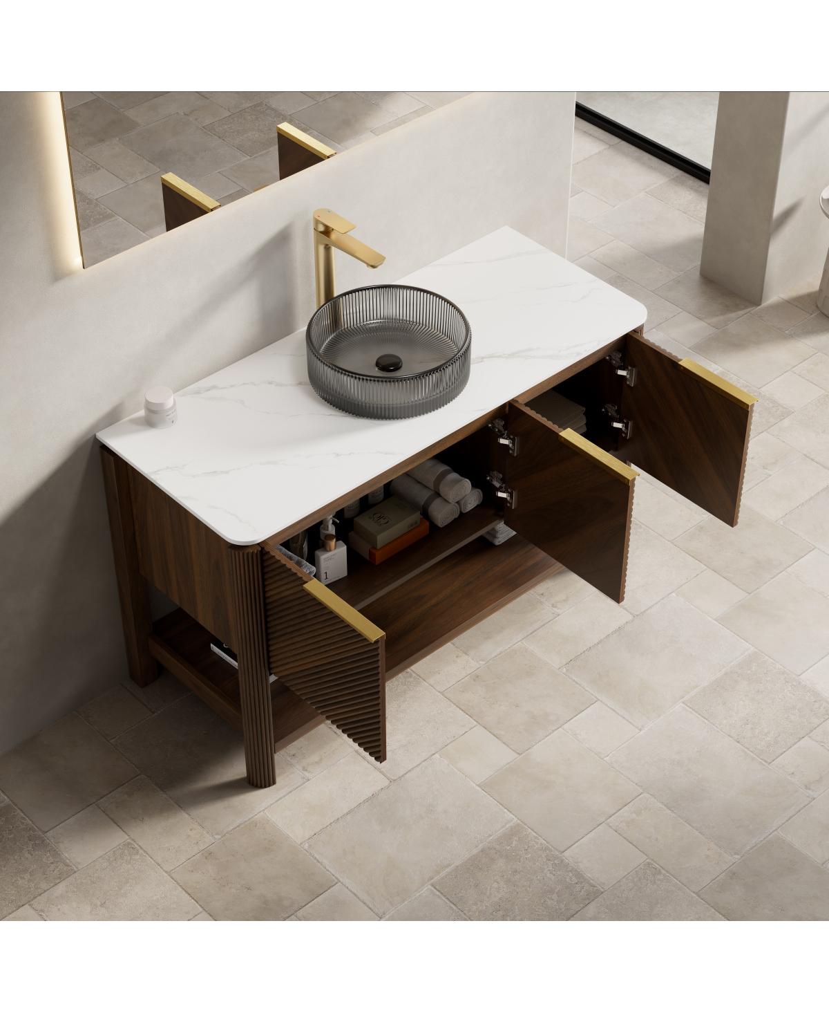 Sillysis Modern Bathroom Vanity with Vessel Sink, Sintered Stone Countertop, Soft Close Solid Wood 3D Doors