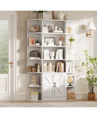Furniture 6-Tier Wooden Storage Bookcase with Cabinet and Doors, Modern 75 Inch Tall Display Organizer for Activity Room, Living Room and Home