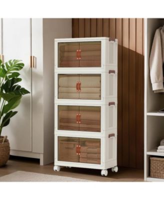 4-Tier Stackable Storage Bins - 72QT Foldable Box with Wheels and Double Door for Home Office, Pantry or Living Room