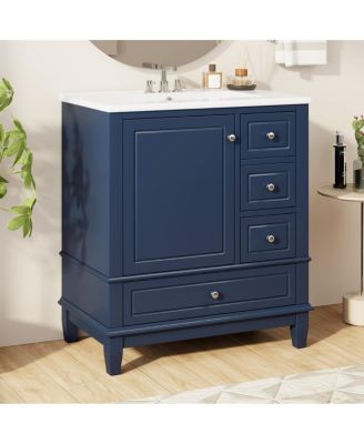 30" Freestanding Vanity With Ceramic Sink, 1 Soft-Close Door With Shelf, 3 Drawers With Knobs