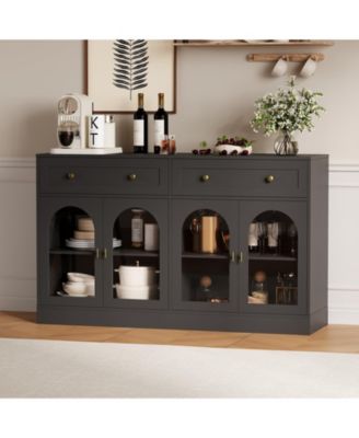 55 Inch Farmhouse Wooden Sideboard Buffet, Storage Console Table with 4 Acrylic Doors and 2 Drawers for Kitchen, Living Room and Entryway