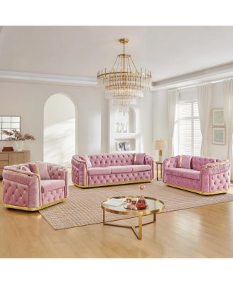 3-Piece Velvet Chesterfield Sofa Set with Accents and 6 Pillows