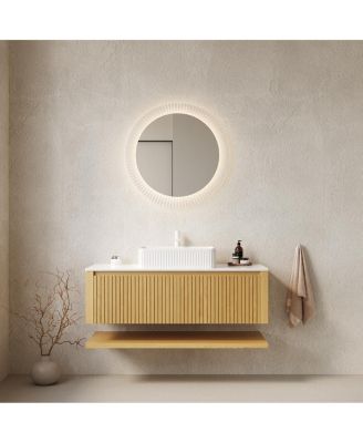 48 Inch Wall Mounted Bathroom Vanity with Ceramic Basin, Sintered Stone Top, Large Drawer, Open Shelf Storage, Pre-assembled