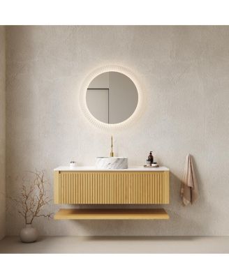48 Inch Wall Mounted Bathroom Vanity with Ceramic Basin, Sintered Stone Top, Large Drawer, Open Shelf Storage, Pre-assembled