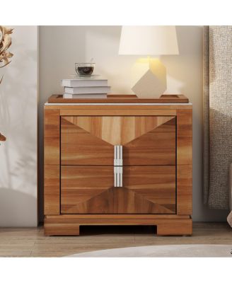 Mid-Century Modern 2-Drawer Wood Nightstand with Diamond Pattern