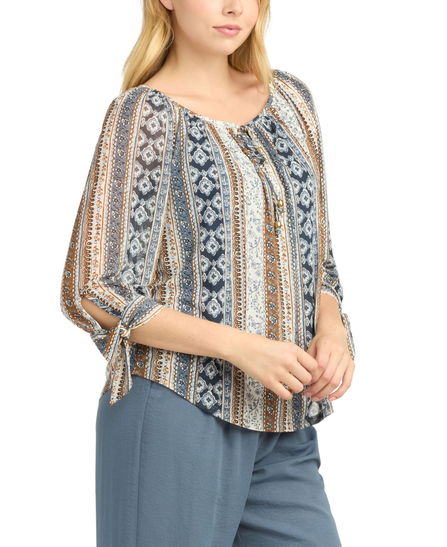 Juniors' Printed Mesh Peasant Top