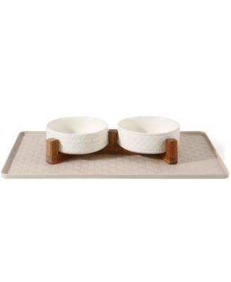 Elevated Pet Feeder Set Ceramic Bowls Solid Wood Stand Silicone Mat Non Slip