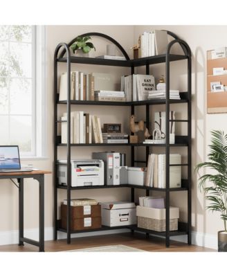 5-Tier L-Shaped Corner Bookshelf, Industrial Bookcase with Metal Frame, Open Wood and Metal Storage Shelves, Office Display Rack