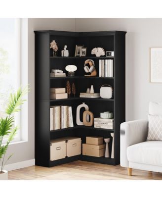 Tall L-Shaped Corner Bookshelf, Farmhouse Design 5-Tier Large Wooden Bookcase, Modern Storage Display Shelf for Living Room, Bedroom