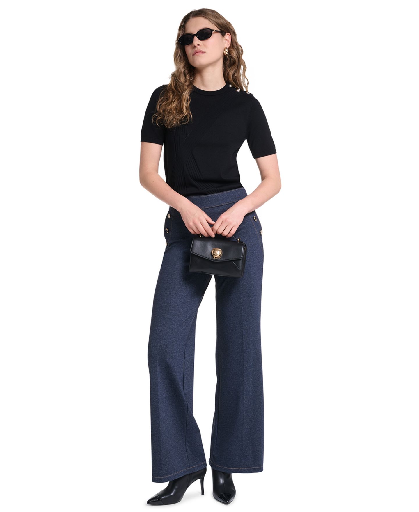 Женские брюки KARL LAGERFELD PARIS Petite Silky Pont Mid-Rise Sailor, цвет: Тёмно-синий — фото 3