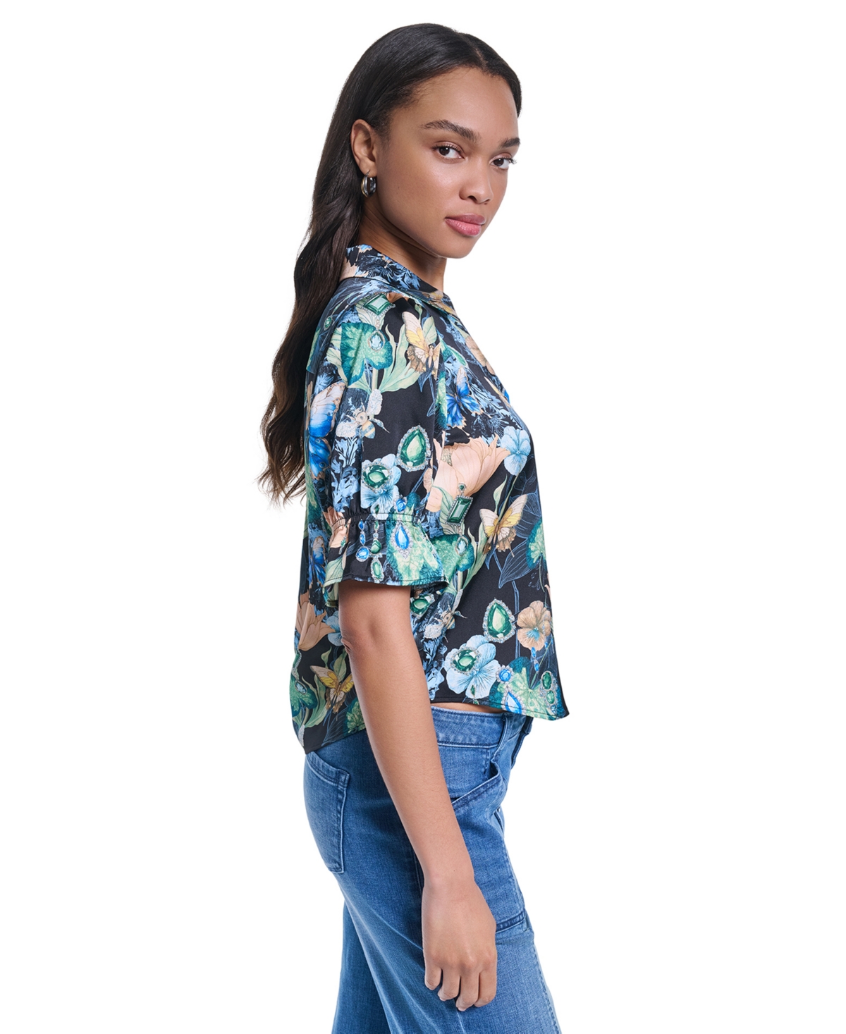 Karl Lagerfeld Paris Petite Collared Printed Woven Top